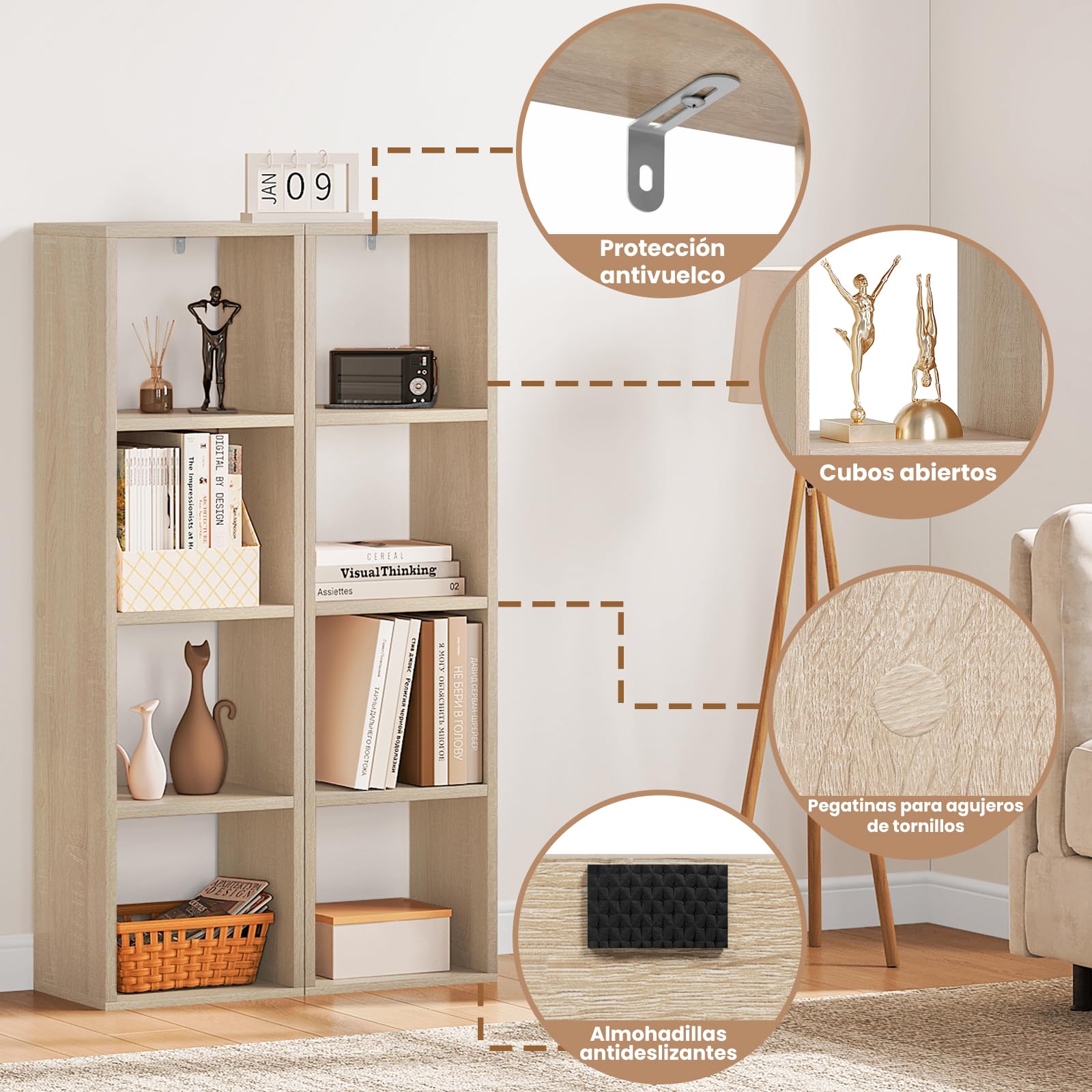 WOLTU Librería con 4 Niveles, Estantería de Cubos para Libros y Adornos, Estantería de Almacenamiento, Estantería Abierta Moderna para Salón, Estudio y Oficina, 30x23,5x106,5 cm, Roble Claro