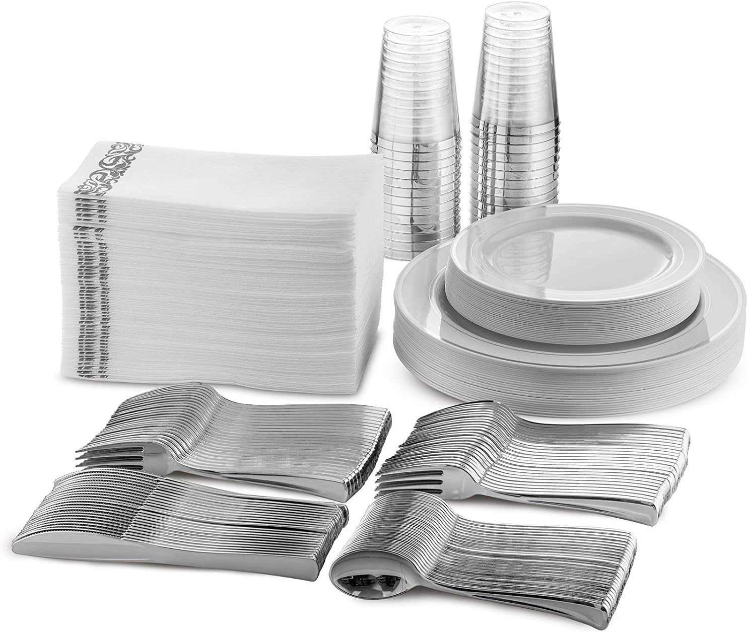 Flаѕh Dеаlѕ - 50% оƒƒ 25 Guest Disposable Silver Plastic Dinnerware Set | Heavy Duty Plates, Cups, Silverware & Napkins. 50 Forks, 25 Spoons, 25 Knives, 25 Dinner Plates, 25 Dessert Plates & 25 Cups | Bonus 50 Guest Towels