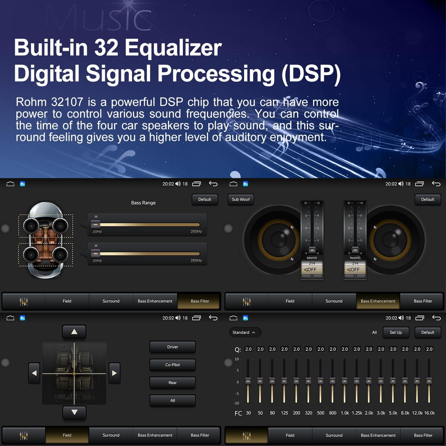 Car stereo display showing the 32-band equalizer and DSP settings