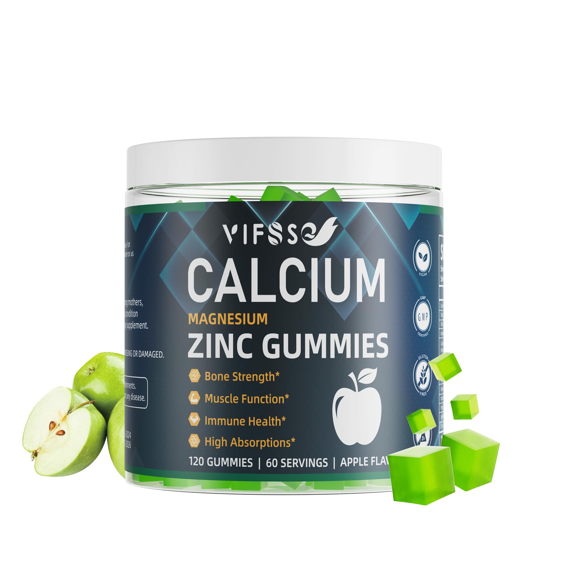 Calcium Magnesium Zinc Gummies 600mg with Vitamin D3 K2, 120 Gummies Plant Based Sugar-Free Calcium Gummies High Absorption Complex Calcium Supplement 70+ Trace Minerals for Bone Strength, Vegan