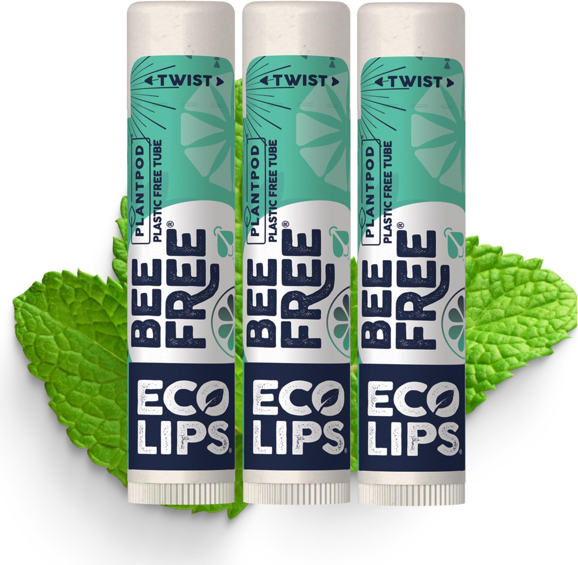 Vegan Lip Balm Sweet Mint by Eco Lips flavor 3 Pack Natural Bee Free with Candelilla Wax, Organic Cocoa Butter, & Coconut Oil Lip Care. 100% Plastic-Free Plant Pod Packaging - Made in USA