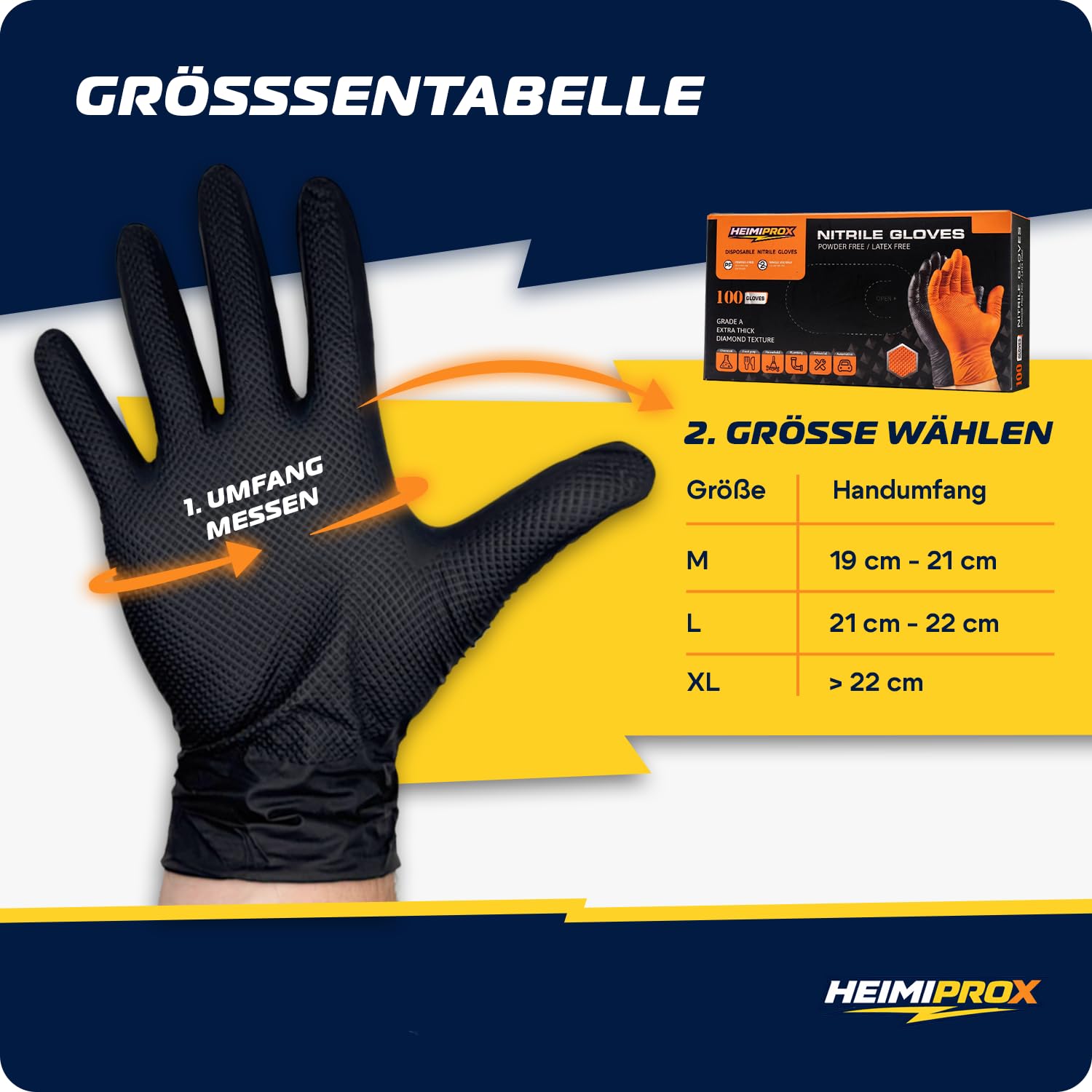 Nitrilhandschuhe extra dick mit Diamanttextur für starken Grip – Einweghandschuhe puderfrei, latexfreie Handschuhe silikonfrei – verstärkte Stulpe, Schwarz (L, 1000, stück, 10)
