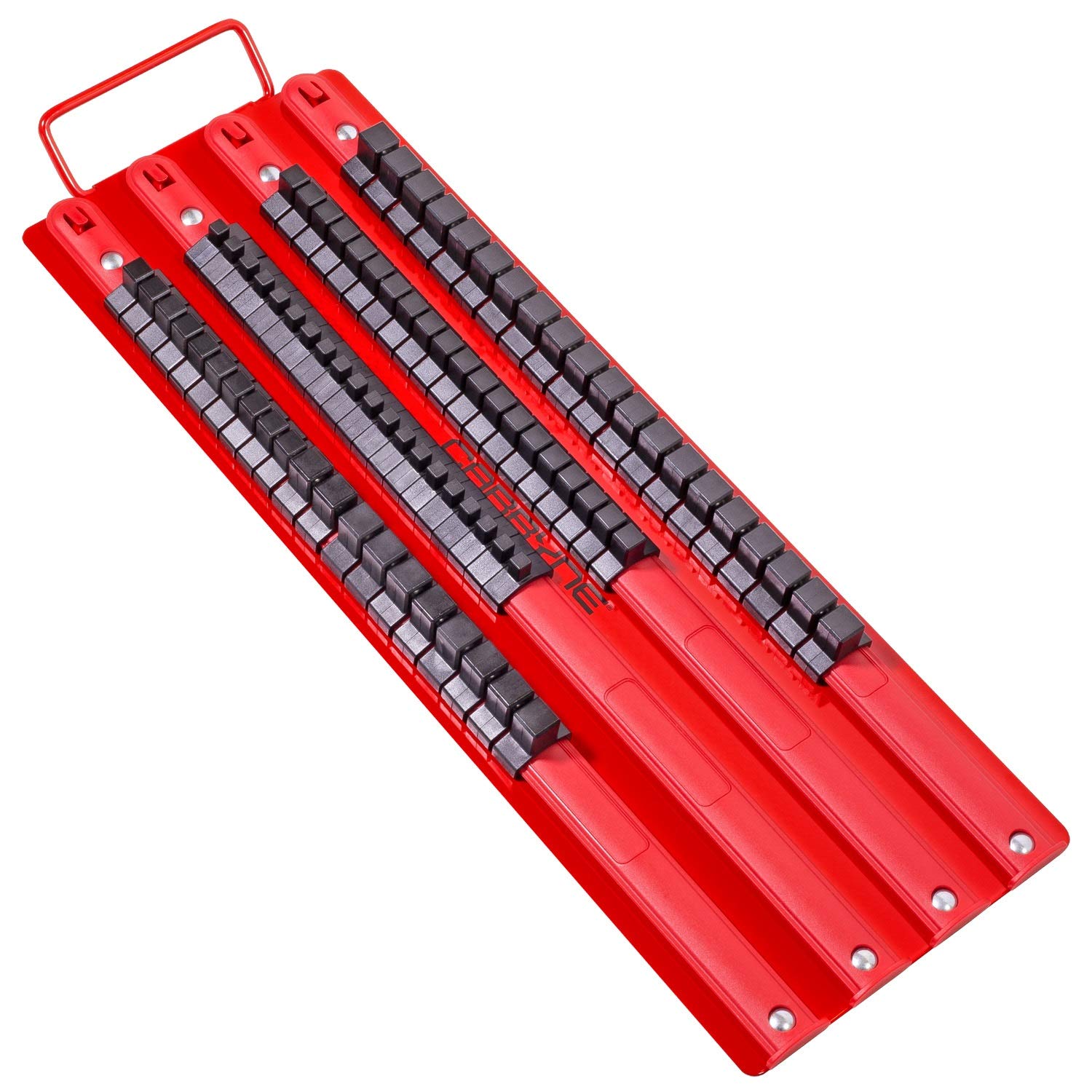 CARBYNE80 Piece Socket Organizer Tray, Fits 1/4-Inch, 3/8-Inch, 1/2-Inch Drive Sockets, Heavy Duty Socket Rail, Red Rails with Black Clips