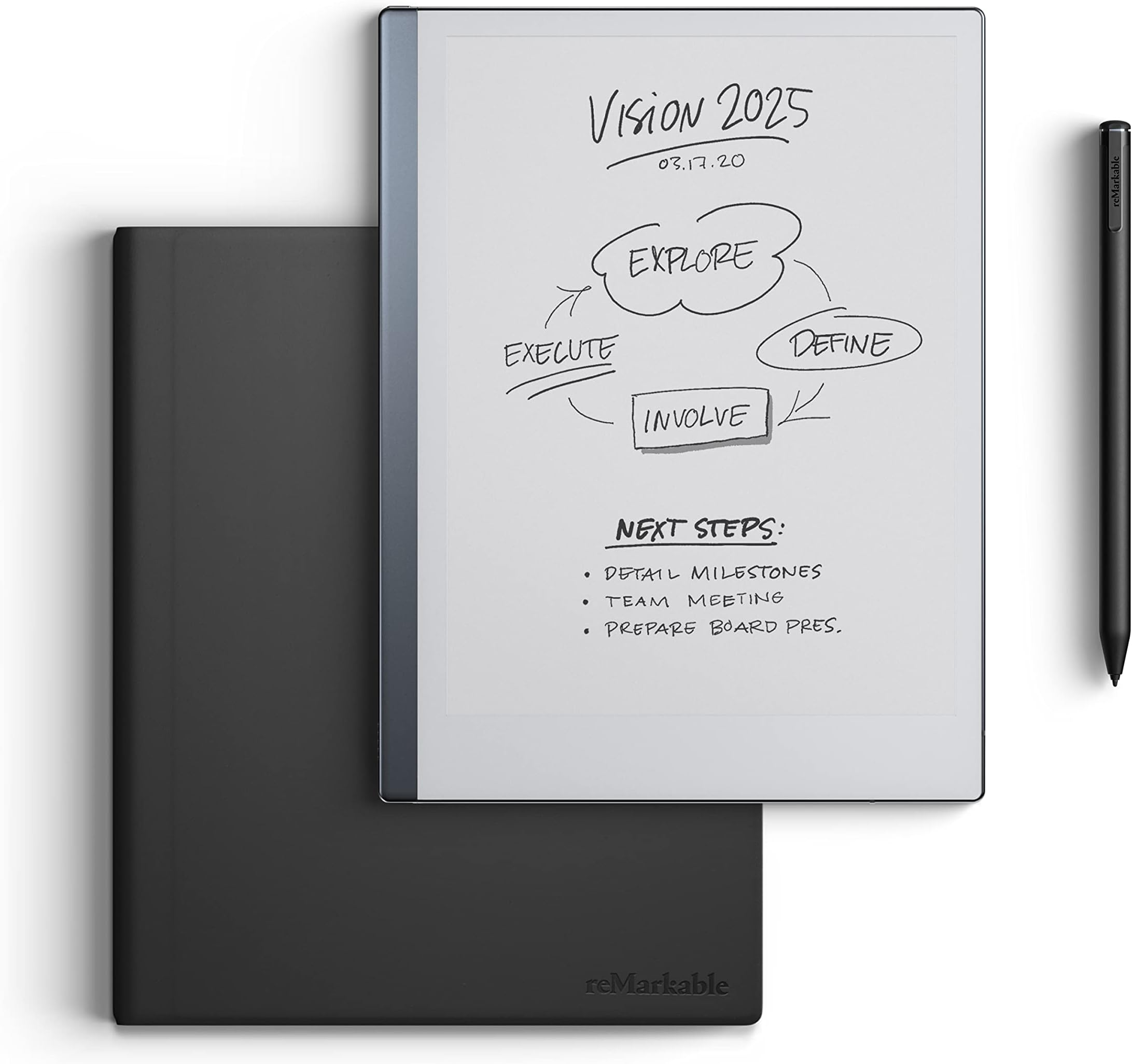 Essentials Bundle – Leather Folio | reMarkable 2 Paper Tablet | Black and White 10.3'' Writing Tablet, Marker Plus Pen with Built-in Eraser and Book Folio Case in Black Premium Leather