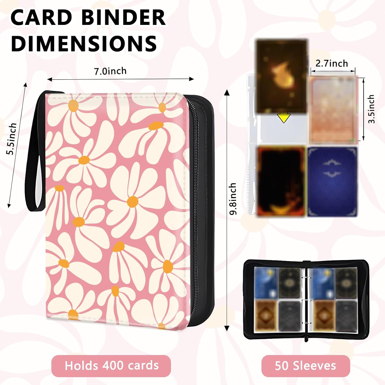 Card Binder 4 Pockets Zip Trading Card Binder for 400 Cards, PU Collection Binder with Removable Sleeves for 50 Pages, Portable Collector Album, Card Book for Game Card, Sports Cards, Gifts