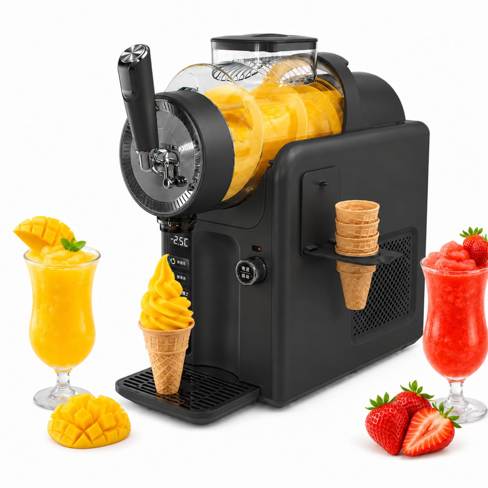 HCAUYNN Slush Machine No Ice Needed, 2L Ice Cream Maker and Slushy Maker, Self-Chilling Beverage Machine with 5 Presets, Auto Clean, LED Display for Home & Family Use Black