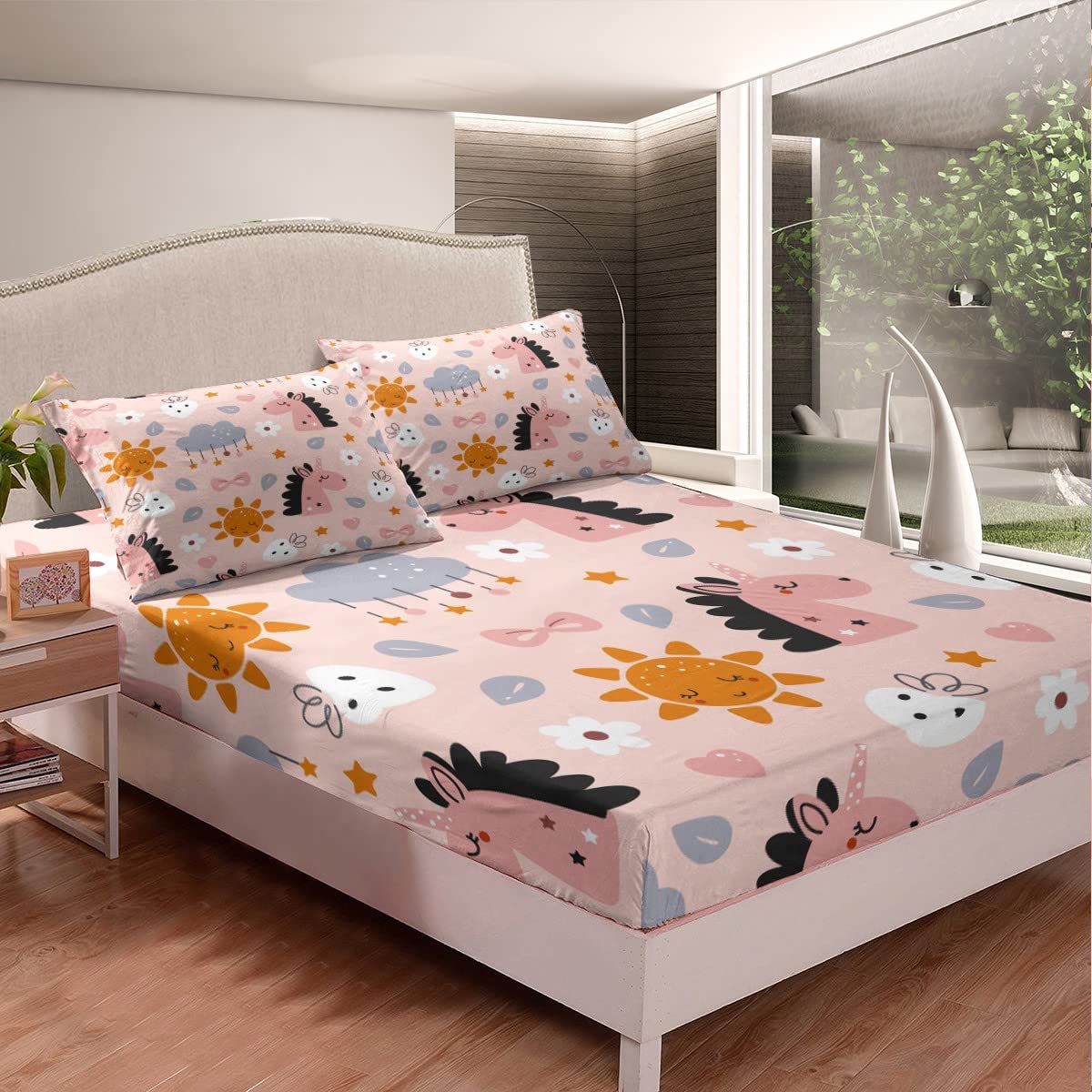 Sábana bajera de unicornio tamaño King, funda de cama con 2 fundas de almohada, juego de ropa de cama de 3 piezas para decoración de habitación de niños y niñas, ropa de cama de poliéster suave