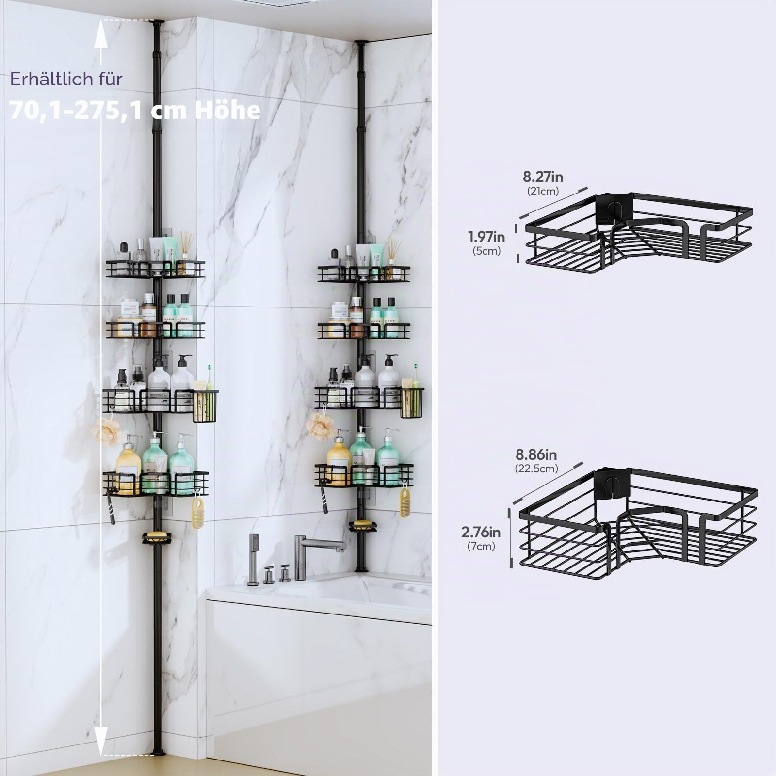 SWTYMIKI Duschregal Teleskop Dusche Teleskopstange - Edelstahl, 70-275cm