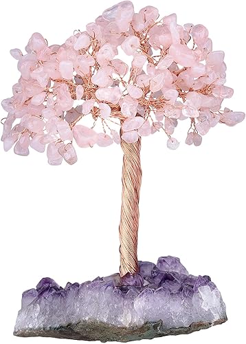 Miniatura 2 de Rockcloud Natural Rose cuarzo cristal piedra árbol dinero con amatista cuarzo base racimo árbol bonsái Feng Shui escritorio decoración para la