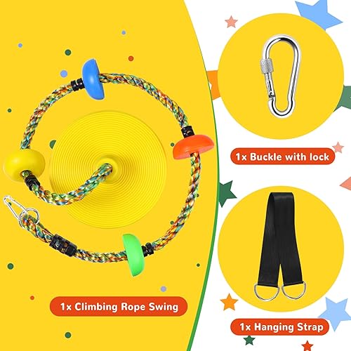 Miniatura 2 de Columpio de árbol para niños, juego de cuerda de escalada de asiento de un solo disco resistente con correa para colgar y mosquetones de plataforma