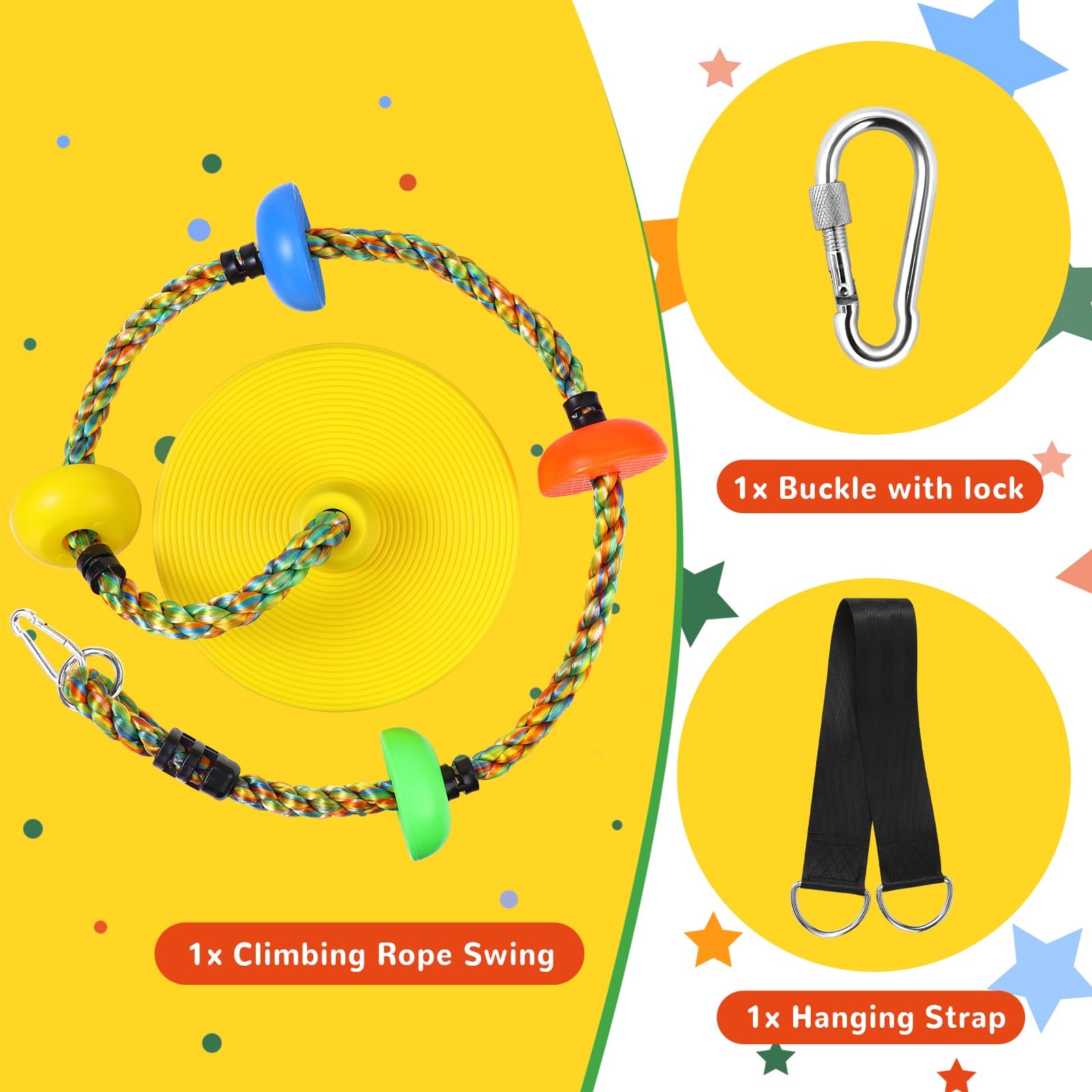 Tree Swing Rainbow Climbing Rope, Heavy Duty Swing Disc Seat Replacement for Kids with Hanging Strap and Platform Carabiners Indoor/Outdoor Playground Accessories (Yellow)