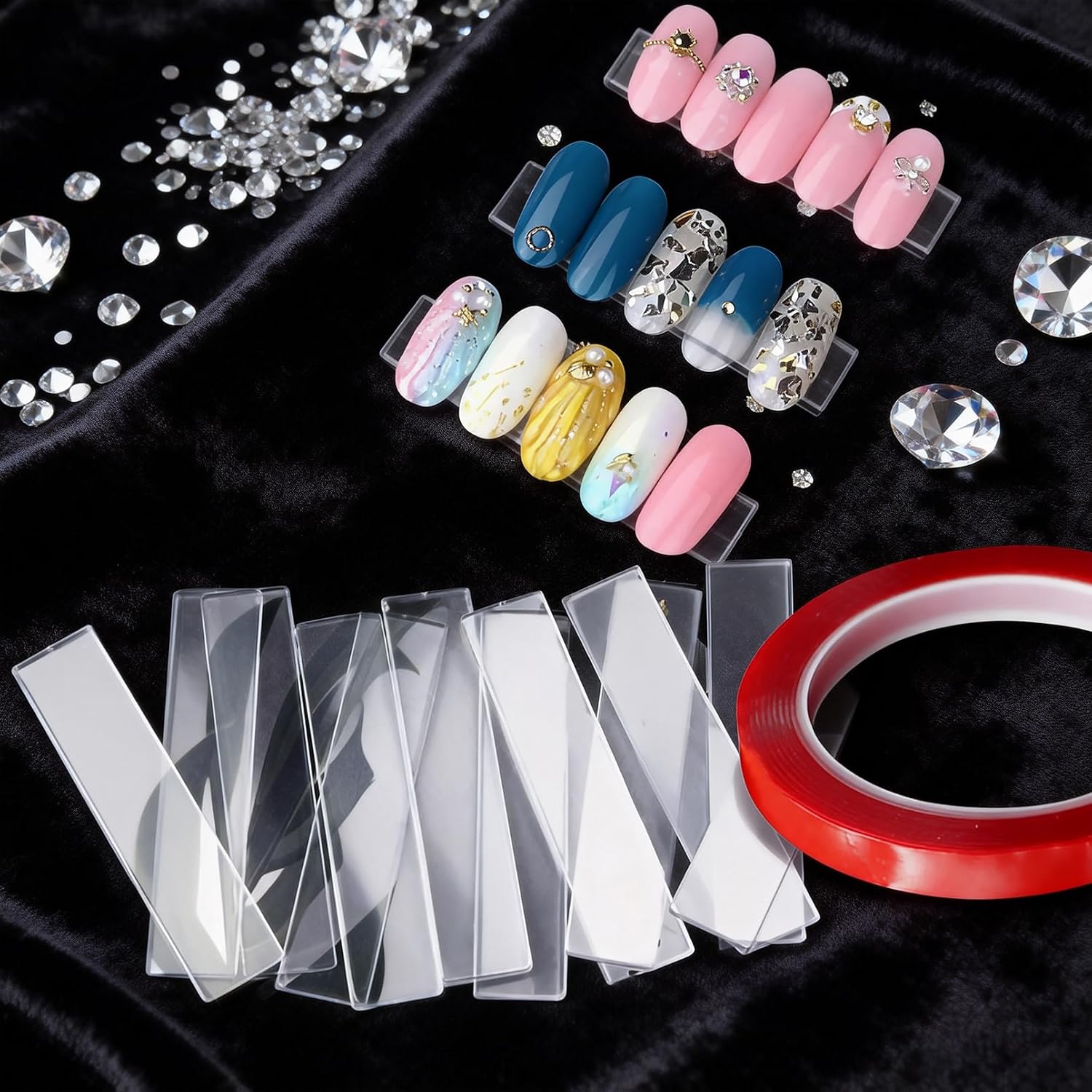 100 Pack Transparent Nail Display Stand, with 2 Rolls Double Sided Tape, Acrylic Art Display Strips for Practicing, Fake Nail Tips Practice Holder for Salon Home Use