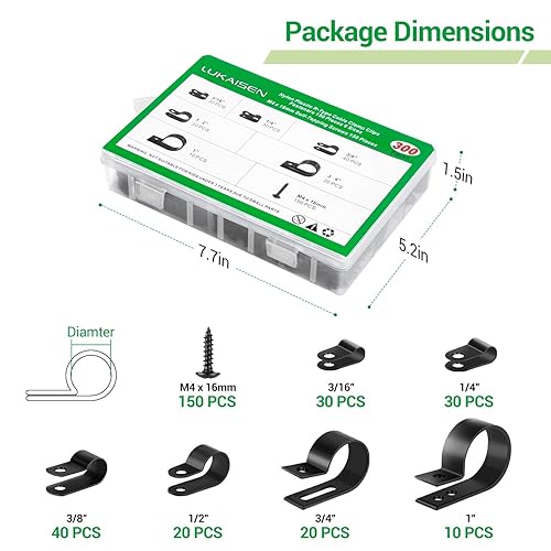 Miniatura 7 de Clips de cable para organizador de cables, 6 tamaños, 300 piezas, nailon tipo R, 316 pulgadas, 14 pulgadas, 38 pulgadas, 12 pulgadas, 34 pulgadas, 1