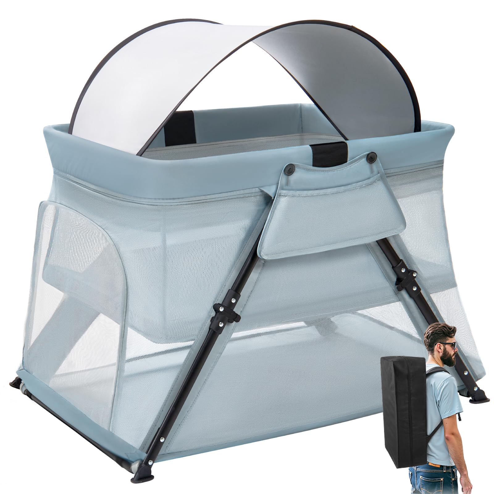 Lilian&Gema 2-in-1 Travel Crib, Portable & Foldable Crib with Backpack, Lightweight Baby Travel Playpen with Thick Mattress for Babies & Toddlers,