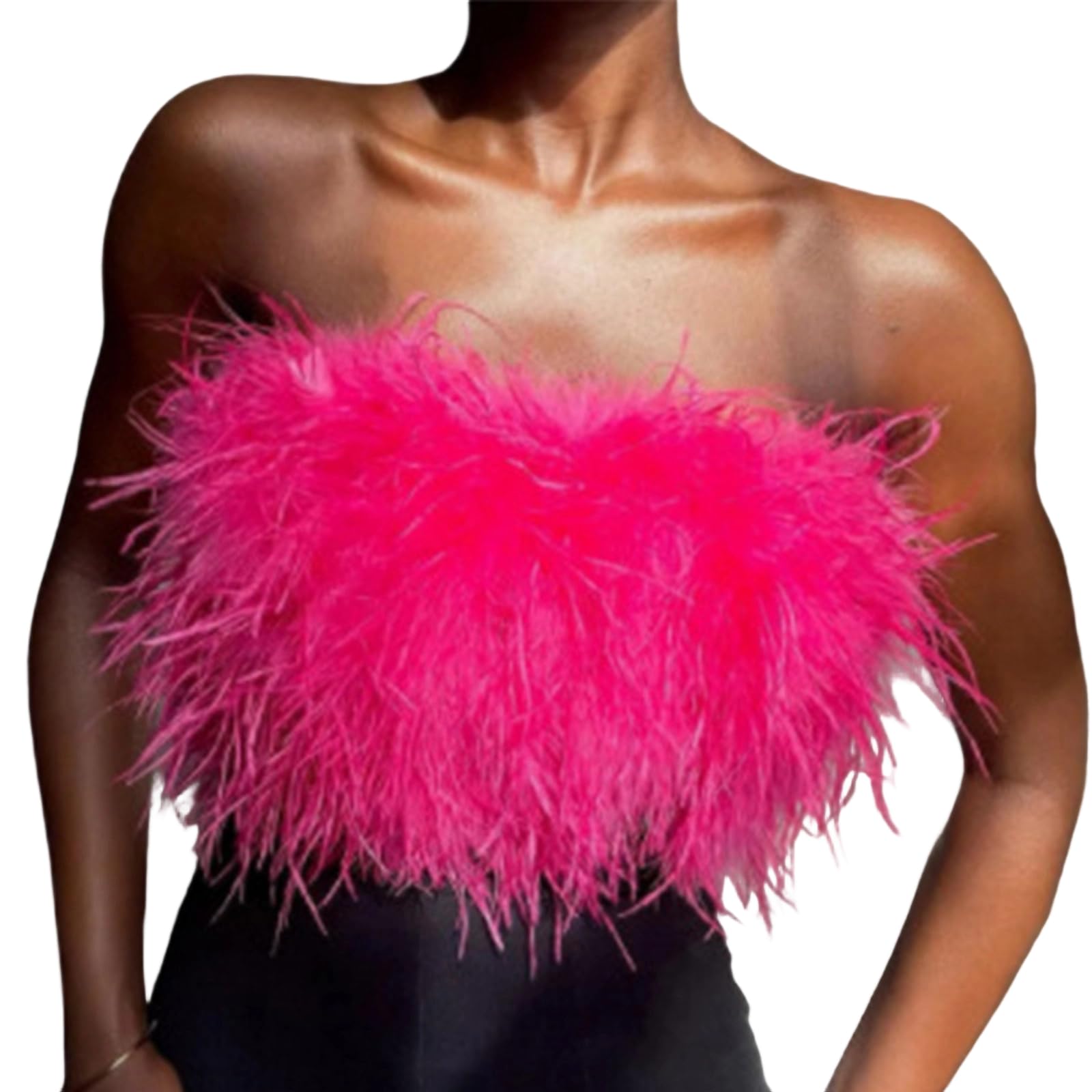 Gissroys Unisex Rose Red Women Faux Furs Feathered Crop Tops Strapless Bandeau Tube Top Plush Aesthetic Cami Vest Tanks Clubwear Plush Cami Vest Tank