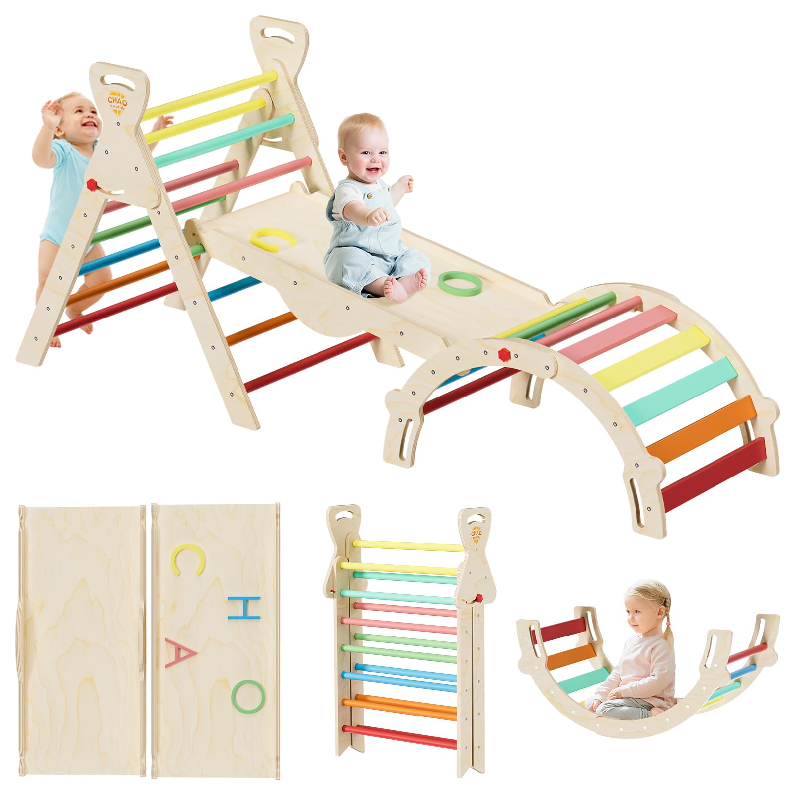 Pikler Dreieck 8-in-1 klappbar, Montessori Klettergerüst Indoor aus Holz mit Rutsche, Kletterbogen und Rampe für Kinder 1–6 Jahre stabil und platzsparend, Regenbogenfarben
