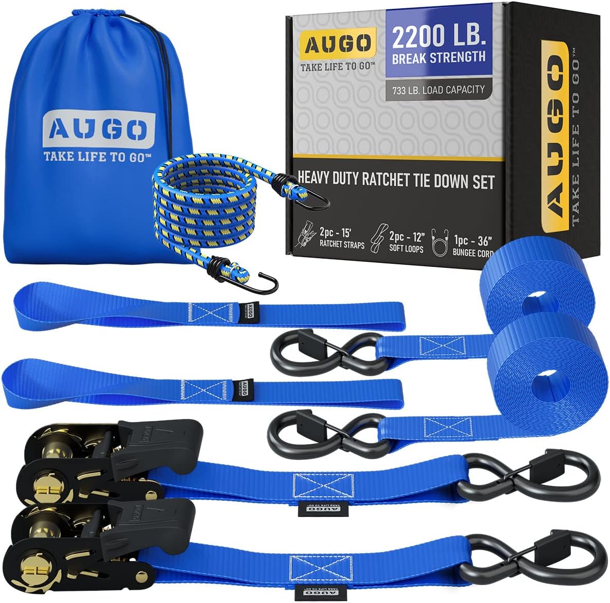 AUGO Ratchet Tie Down Straps -2 PK– 15 FT – 2,200 LB Break Strength – Safety Lock S Hooks –for Moving Cargo, Appliances, Lawn Equipment, Motorcycle – Includes 1 Bungee Cord, 2 Soft Loops, Storage Bag