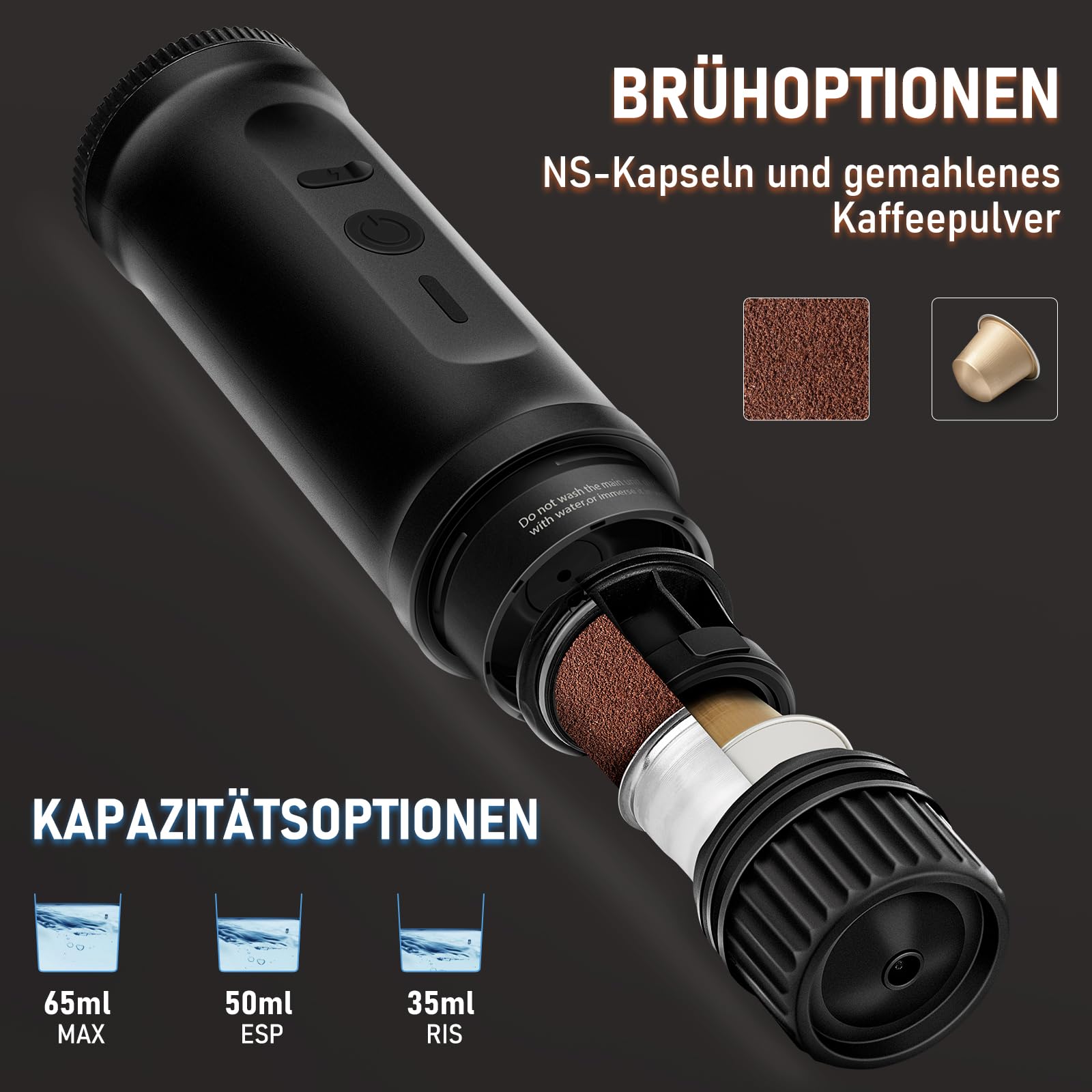 ICARE Tragbare Kaffeemaschine mit Akku, 2-in-1 für Kapseln und Gemahlenen Kaffee, Kaffeemaschine to Go mit Tragetasche und Halterung, Tragbare Espressomaschine für Camping, Auto, Reisen und Büro