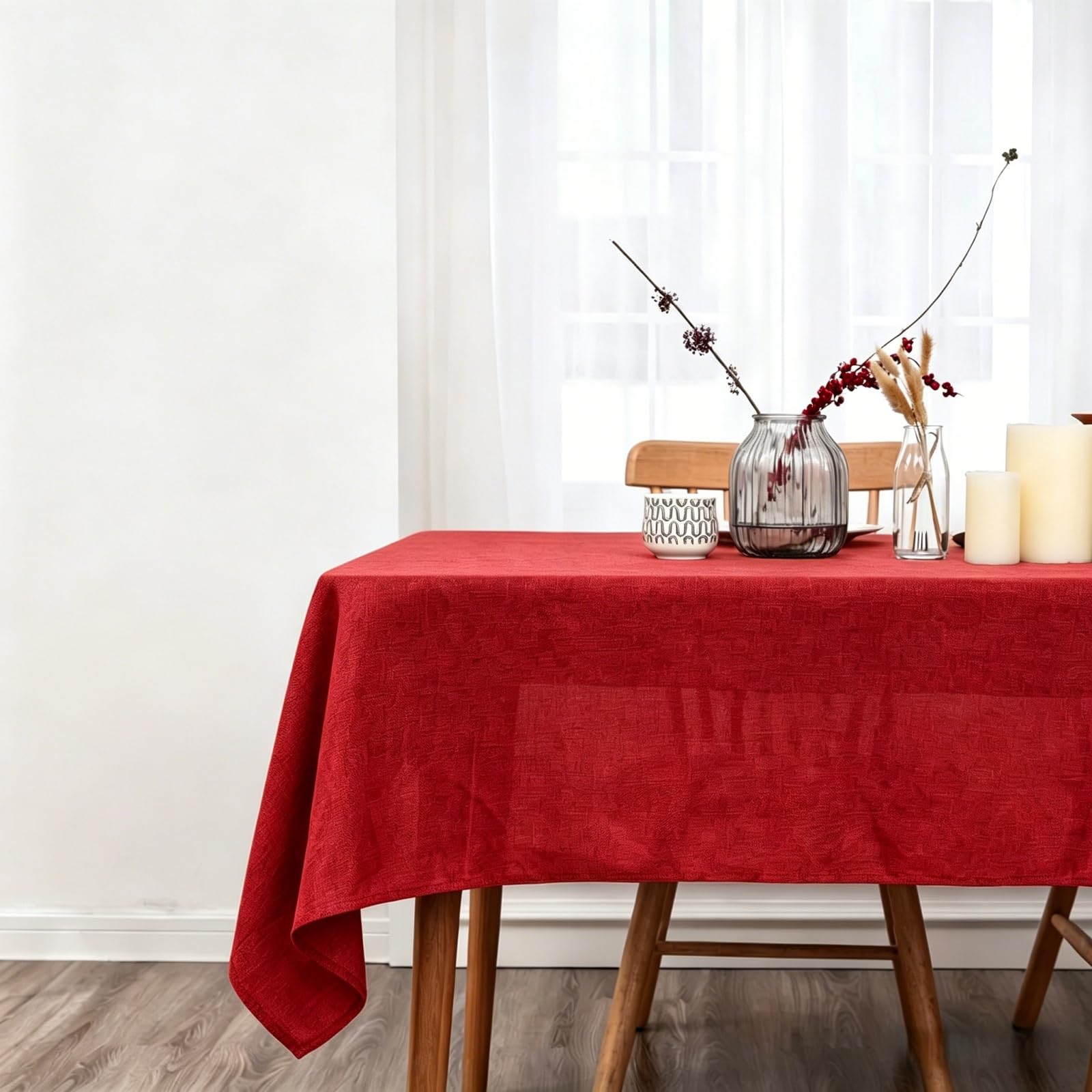 Mantel Rectangular Lino 105 x 180 cm Impermeable y Lavable Manchas Mantel Durabilidad y Fácil Limpieza para Casa Comedor Cocina Exterior Navidad Fiestas Cumpleaños, Rojo