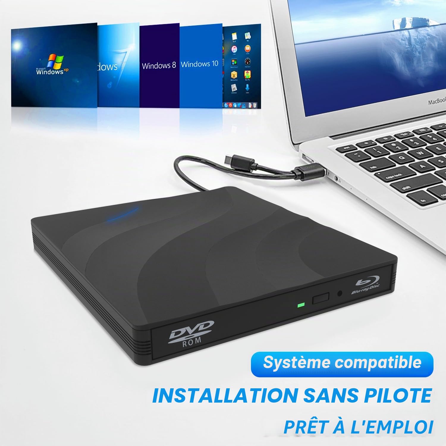 USB 3.0 Type-C Lecteur blu Ray 4k,Portable Externe Lecteur Blu Ray Externe7 en 1, Lecteur Blu-Ray Externe,3D CD DVD Graveur Optical Bluray Drive pour PC Windows 11 10 8 7