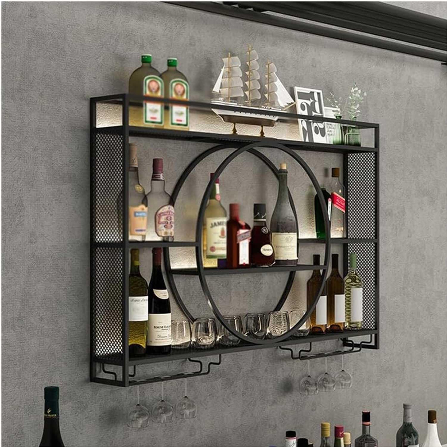 Botellero de Pared Moderno de Metal - Botellero Multifuncional de Hierro para Copas de Vino y champán, Ideal para el hogar y el Restaurante - Expositor de Vino de Pared para Bar - Botellero