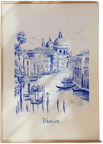 Venice Travel Poster, Retro Italy Navy Blue Print, Hand Drawn Sketch Wall Art for Living Room or Bedroom, Vintage Beach Themed Decor