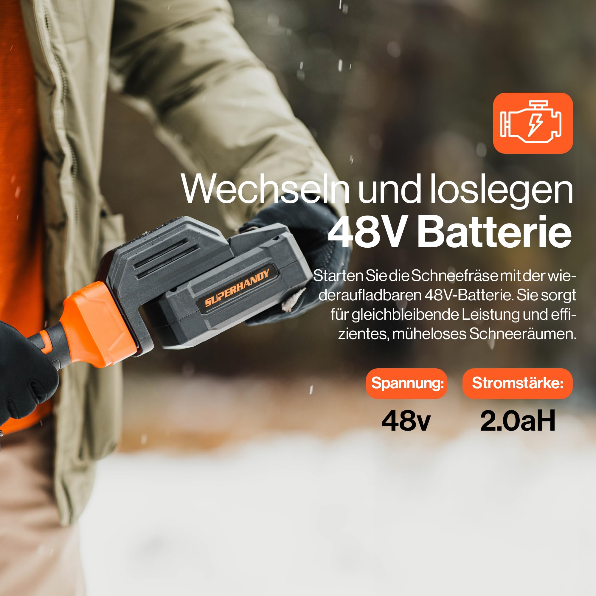 SuperHandy Elektrischer Schneefräser, verstellbarer Winkel, 43 cm Räumbreite, 14,5 cm Einzugshöhe, 7 m Wurfweite, gebogener gezahnter Schaufelblatt, 48V-2Ah Batterie, tragbare Räder, einfache Manövrie
