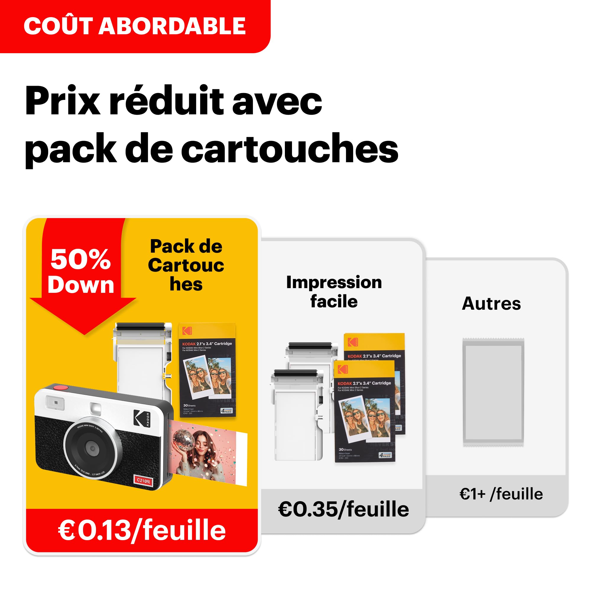 KODAK Mini 2 ERA 4PASS Imprimante photo portable, 8 feuilles initiales lot de 60 feuilles, jaune