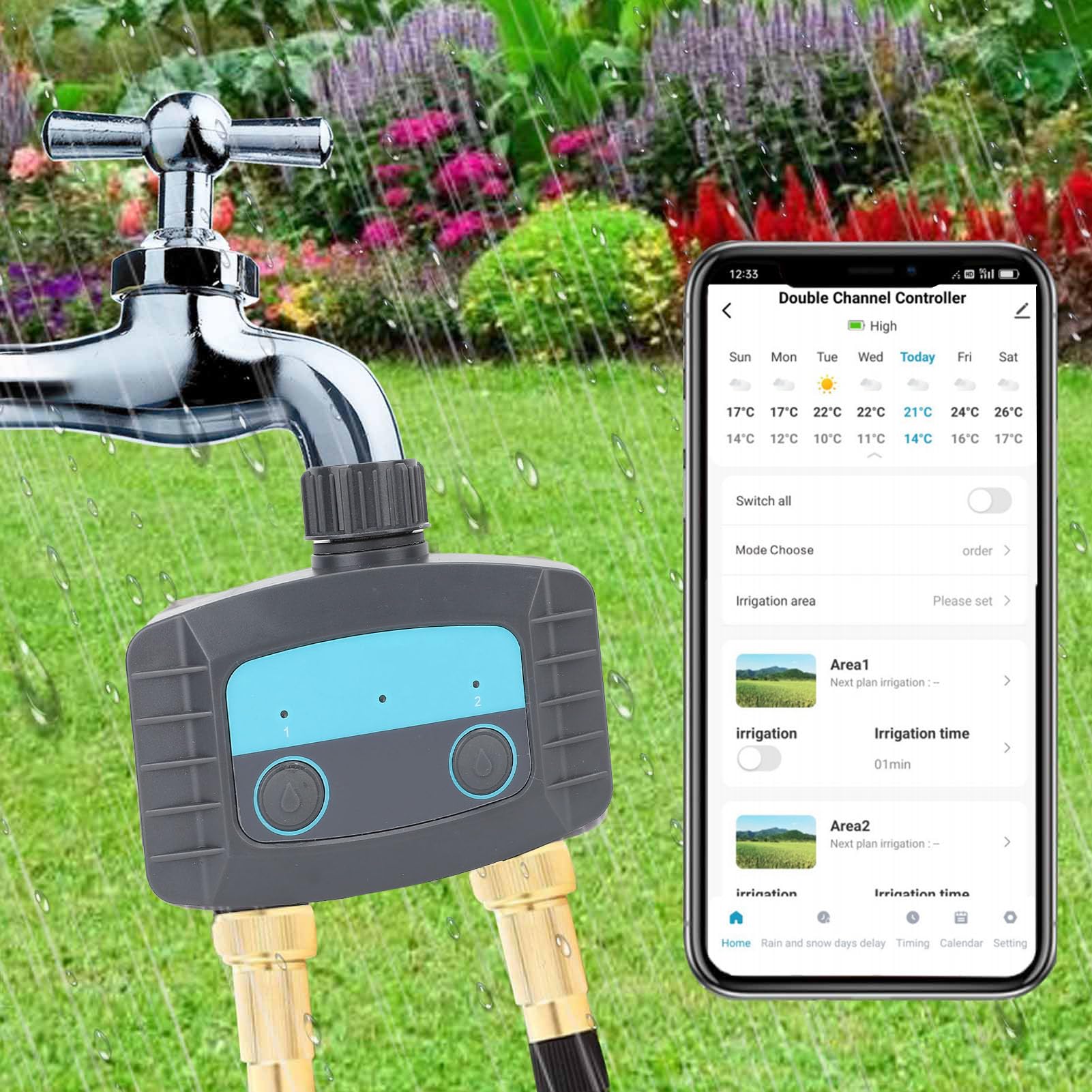 TOPINCN Temporizzatore per Irrigazione, Timer per Irrigazione Bluetooth con Controllo APP per Giardino Domestico, Prato, di Automatico a 2 Prese con Design