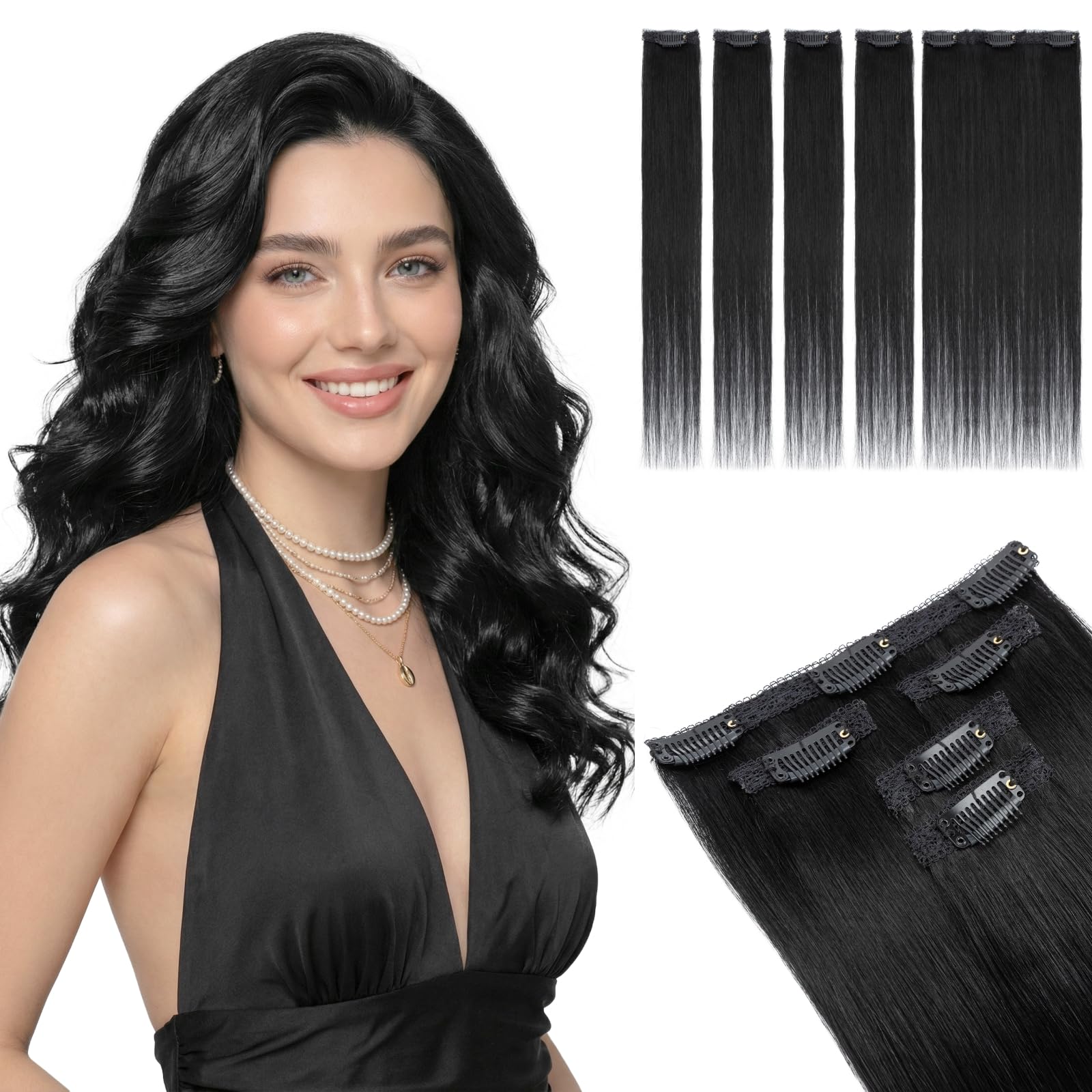 SEGOHAIR Clip in Extensions Echthaar, Glatt Clip Hair Highlights Haarverlängerung Natürlich für Frauen Damen 5-teiliges Set (1 großes Teil + 4 einzelne Clips)#01 Schwarz 50cm 52g