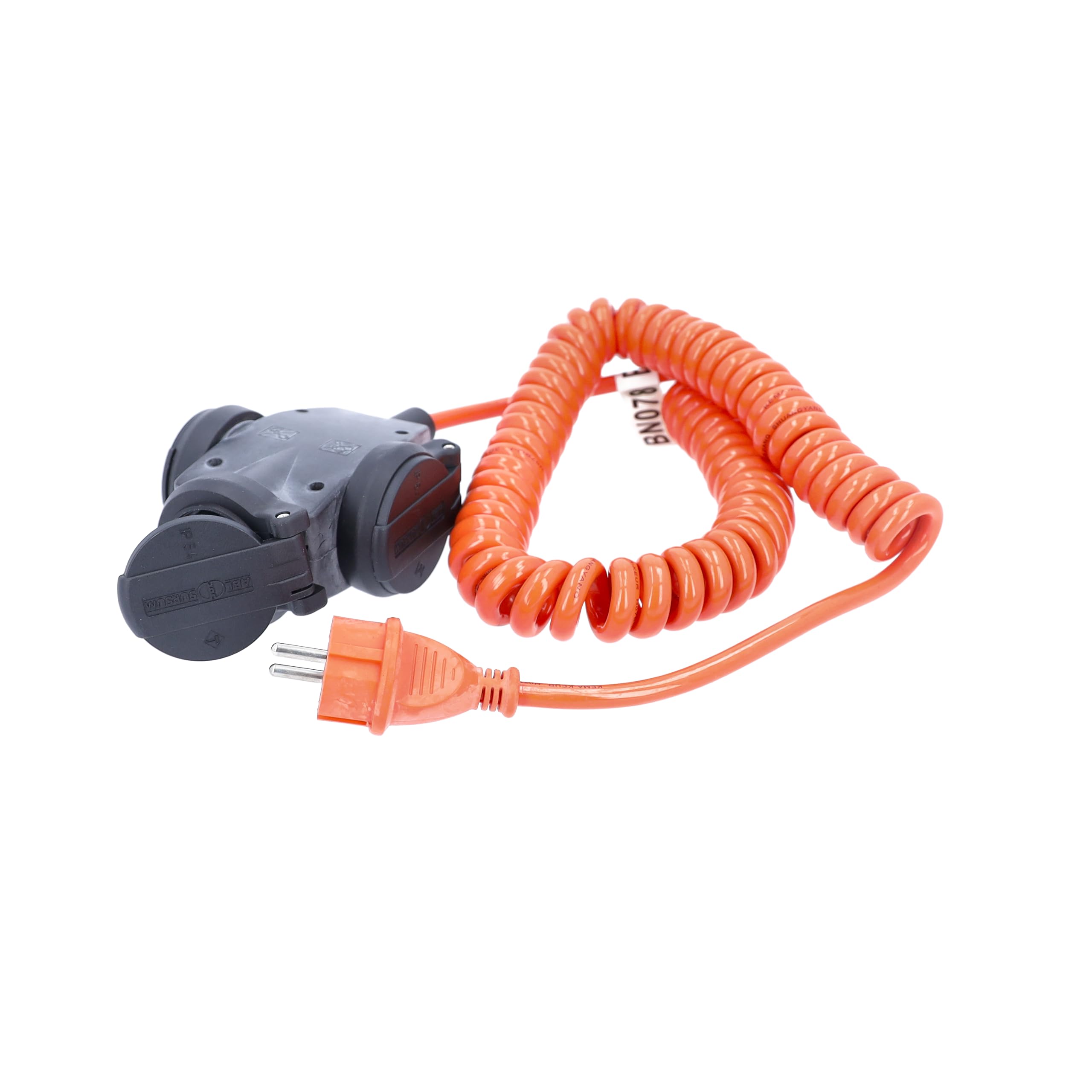 as - Schwabe Cable Espiral Extensible de 1 a 5 m H07BQ-F 3G1,5-3 Tomas con Tapas - 230 V / 16 A - con Contacto de protección - Resistente al Polvo y a Las Salpicaduras (IP44) - Naranja, 70414