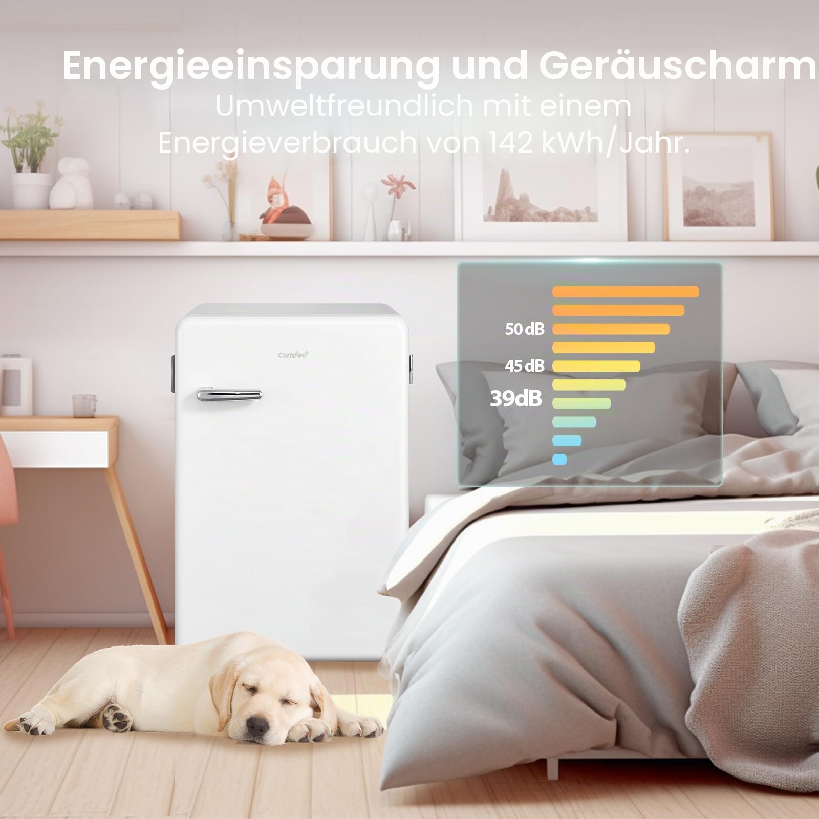 COMFEE' RCD113WH2RT(E) Kleiner Kühlschrank mit Gefrierfach, 116 Liter, Retro-Design, Eintür-Kühlschrank, einstellbare Temperatur, geeignet für Schlafzimmer, Büro und Hotel, LED-Licht, leise, weiß
