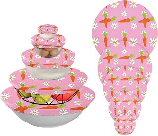 Carrot and Daisy Pink Bowl Covers Reusable 5PCS Cloth Bowl Cover in 5 Size Elastic Food Storage Cover Stretch Lids for Kitchen Containers Bread Proofing
