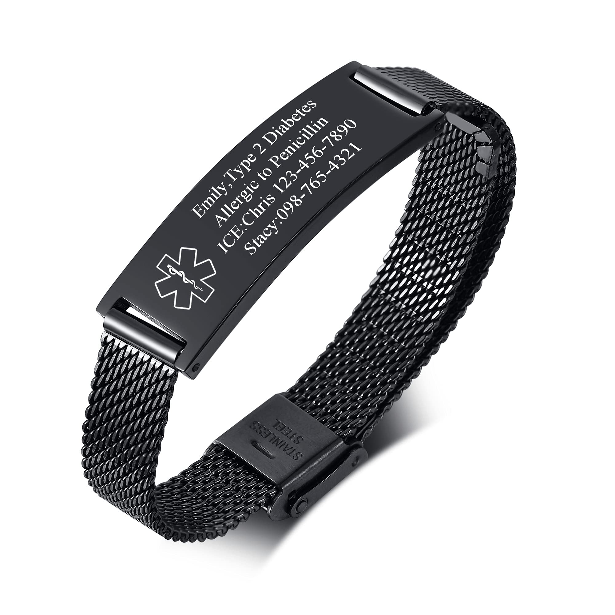 VNOX Medical Alert Bracelets for Men &amp; Women Kids with Free Engraving Adjustable Stainless Steel Mesh Emergency Medical ID Bracelets Wristband