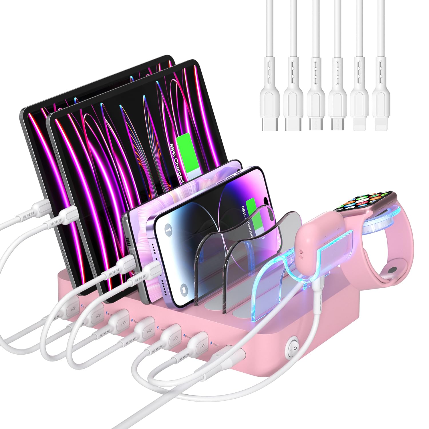 SooPii USB-Ladestation Organizer für mehrere Geräte, 6 Ports 50W Ladestation mit 6 Kabeln und aktualisierte i-Watch Ladegerät Halterung enthalten,für Telefone,Tablets und andere Elektronik,Rosa