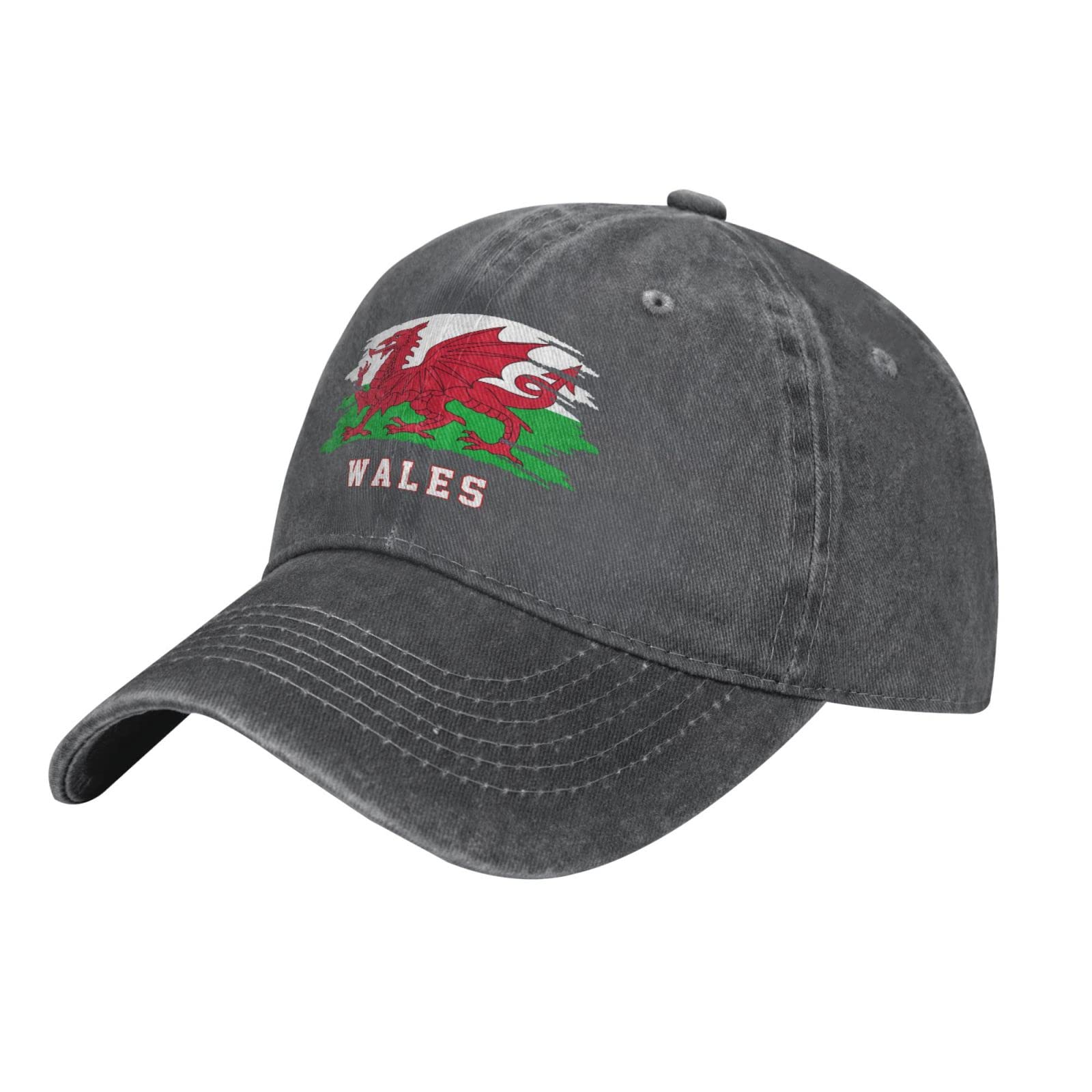 Wanwen Unisex Kids Charcoal Adult Washed Denim Wales Flag Welsh Baseball Cap Men Classic Vintage Cotton Dad Trucker Hat