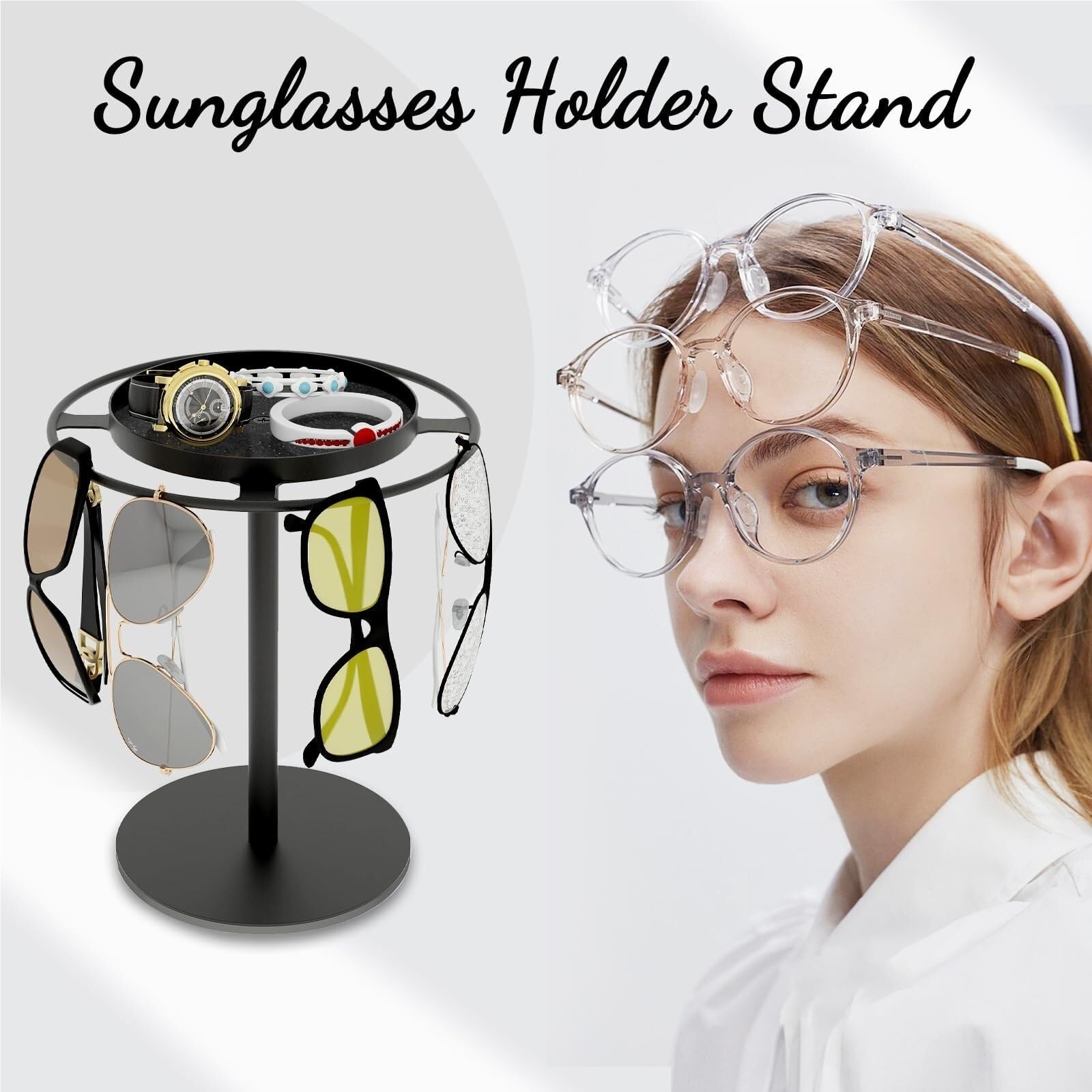 Occhiali Espositore Supporto Porta Occhiali in Metallo con Vassoio Portaoggetti E Cuscinetti Antiscivolo da Tavolo Sunglasses(Black)