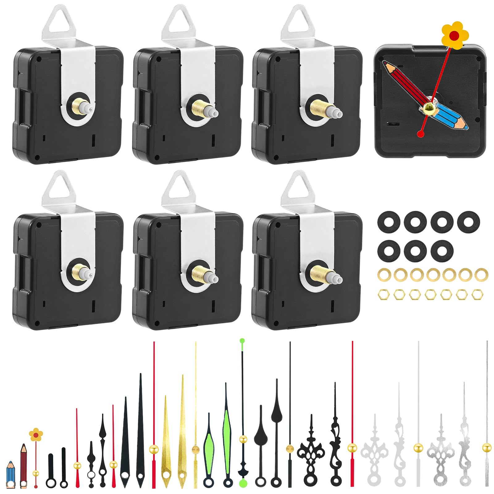 Pack of 7 Quartz Movement Silent Clock Movement with 10 Sets of Hands, High Torque, Long and Short Wave Quartz Movement, Wall Clock Mechanism Replacement Parts, Quartz Movement Replacement (13/15/22