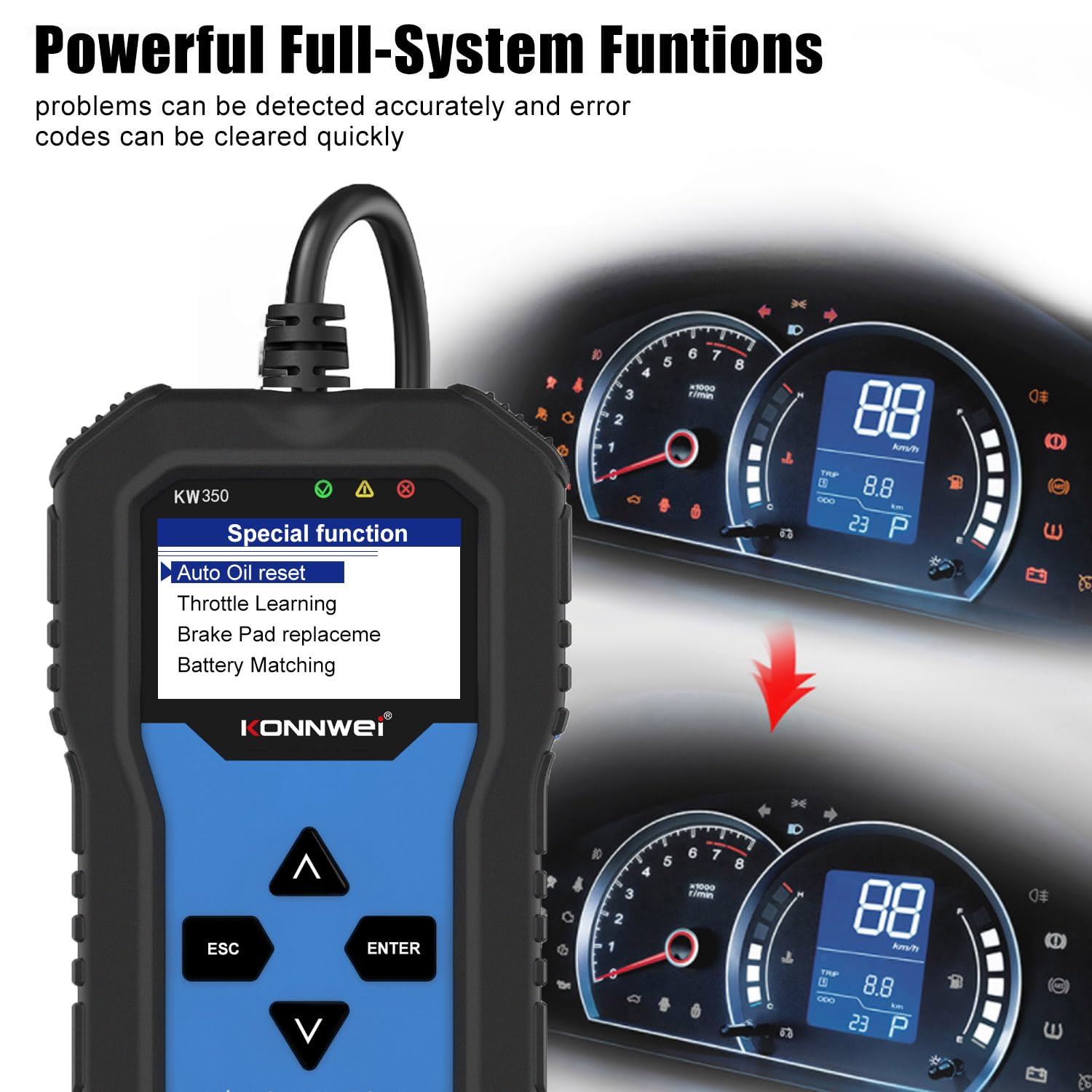 KONNWEI KW350 OBD2 Diagnosegerät fürs Auto, Profi KFZ Scanner für alle Fahrzeugsysteme, Fehlercodes lesen & löschen, OBDII/EOBD, Öl-Reset, EPB, Batterie, Drosselklappe, für VW Audi Skoda Seat