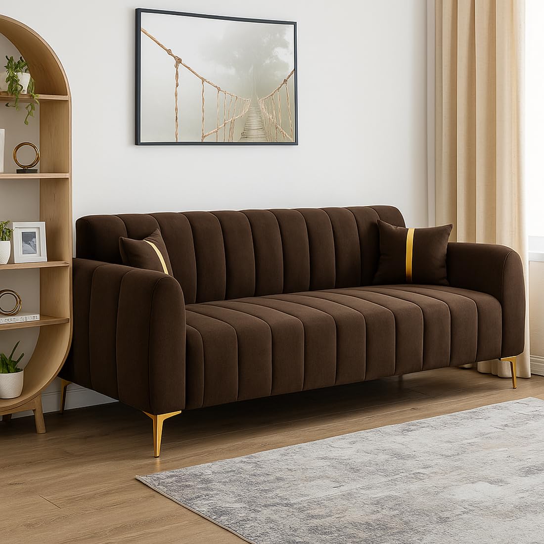 FURNY Harmony 3 Seater Velvet Fabric Sofa Set (Brown) with Golden Finish Legs | Durable & Comfortable | Ideal for Living Room