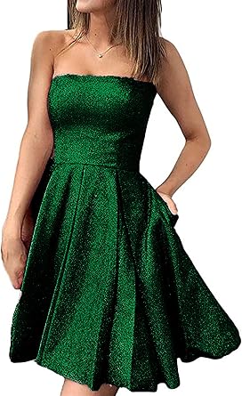 Womens Strapless Homecoming Dresses with Pocket Short Glitter A Line Prom Grduation Dress Cocktail Gown