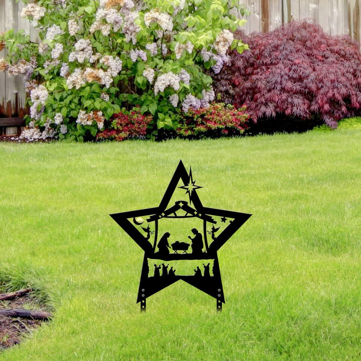 WILDPARTY Nativity Set Scene Silhouette Christmas Outdoor Decorations Double-Sided Metal Yard Sign Christian Jesus Heart Savior Nativity Scene Religious Yard Decor for Home Lawn Walkway Xmas Decor(D) : Patio, Lawn & Garden