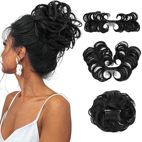 Miniatura 35 de Pieza de pelo de moño desordenado con peine lateral para mujer, clip en el moño de pelo para mujer, pelo corto natural liso, estilos ajustables Sal