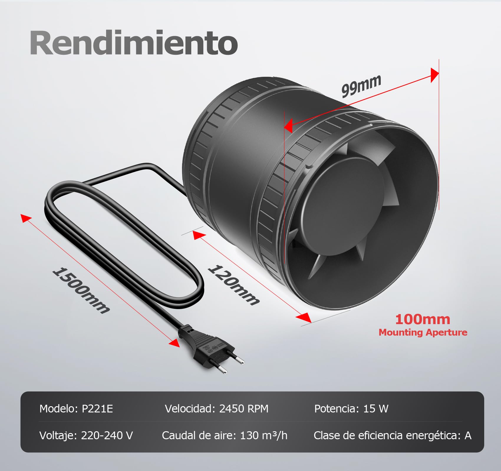 100mm Extractor de Aire en Línea Compacto con Protección Contra el Sobrecalentamiento, 8W 130m³/h Extractor de Humedad Silencioso Potente, Ventilador Baño Aseo Garaje Tienda Invernadero