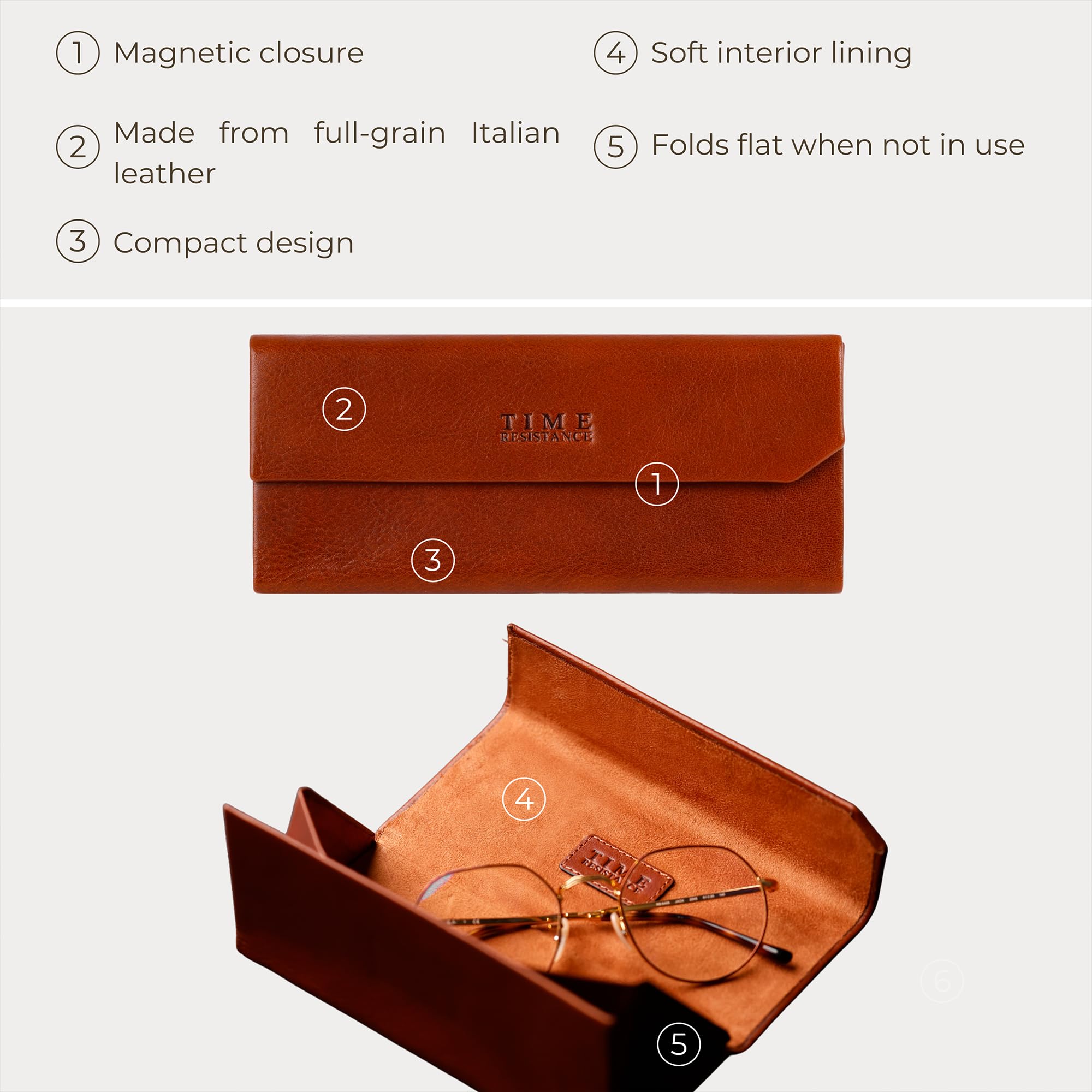 Time Resistance Estuche de Gafas de Cuero – Estuche Rígido de Cuero para Gafas – Funda para Gafas de Sol con Cierre Magnético – Hecho a Mano en Italia