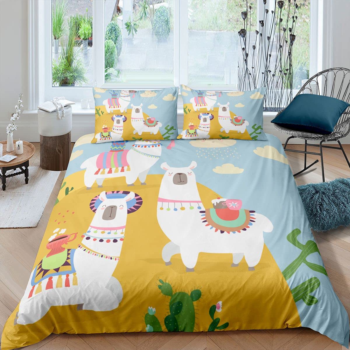 Juego de ropa de cama con diseño de llamas, de dibujos animados, de llama, de desierto, de alpaca, ropa de cama y lino para niños, niñas, adolescentes, animales, funda de edredón transpirable, funda