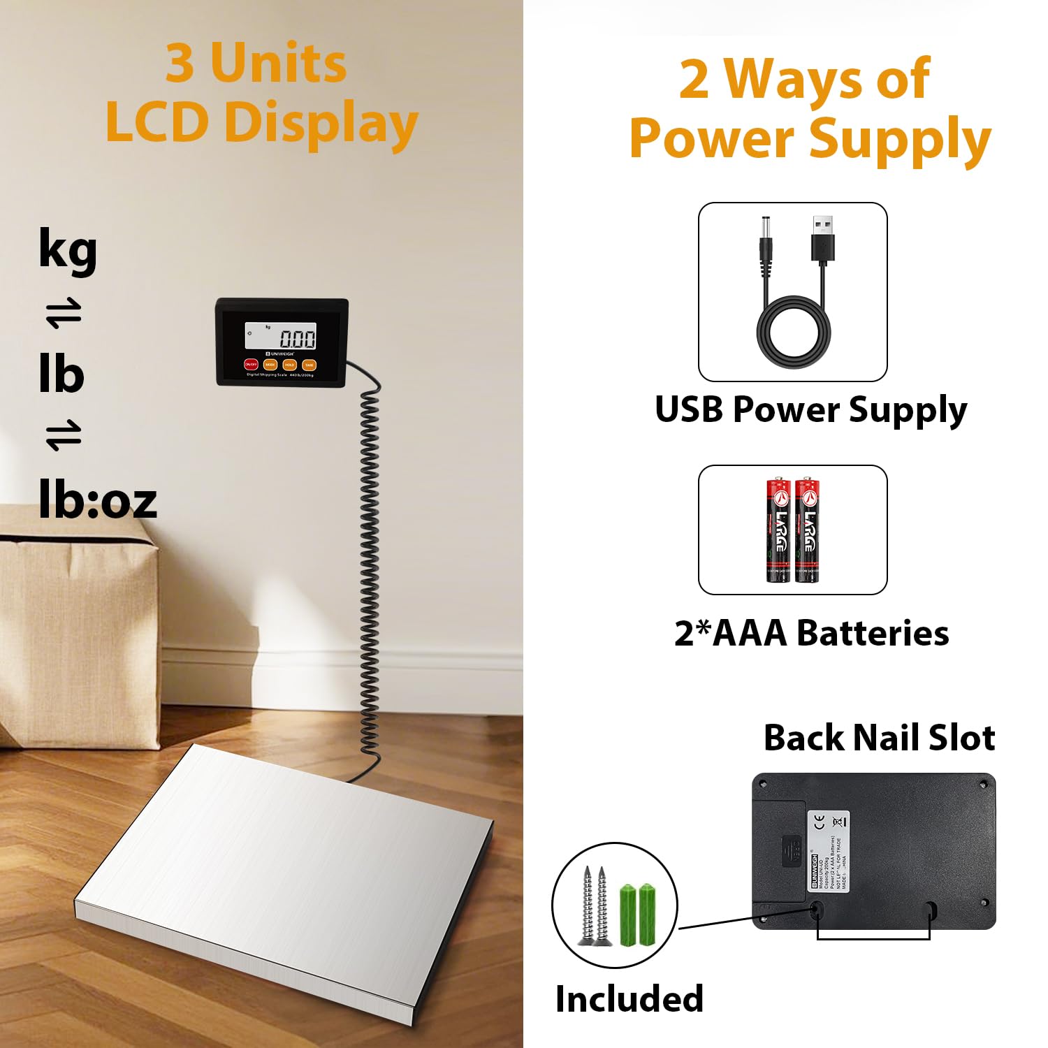 UNIWEIGH Cyfrowa waga pocztowa, dokładna wysyłka 440lb x 10g, platformy ze stali nierdzewnej, z funkcjami LCD/Hold/Tar, waga pocztowa do paczek, bateria i USB w zestawie