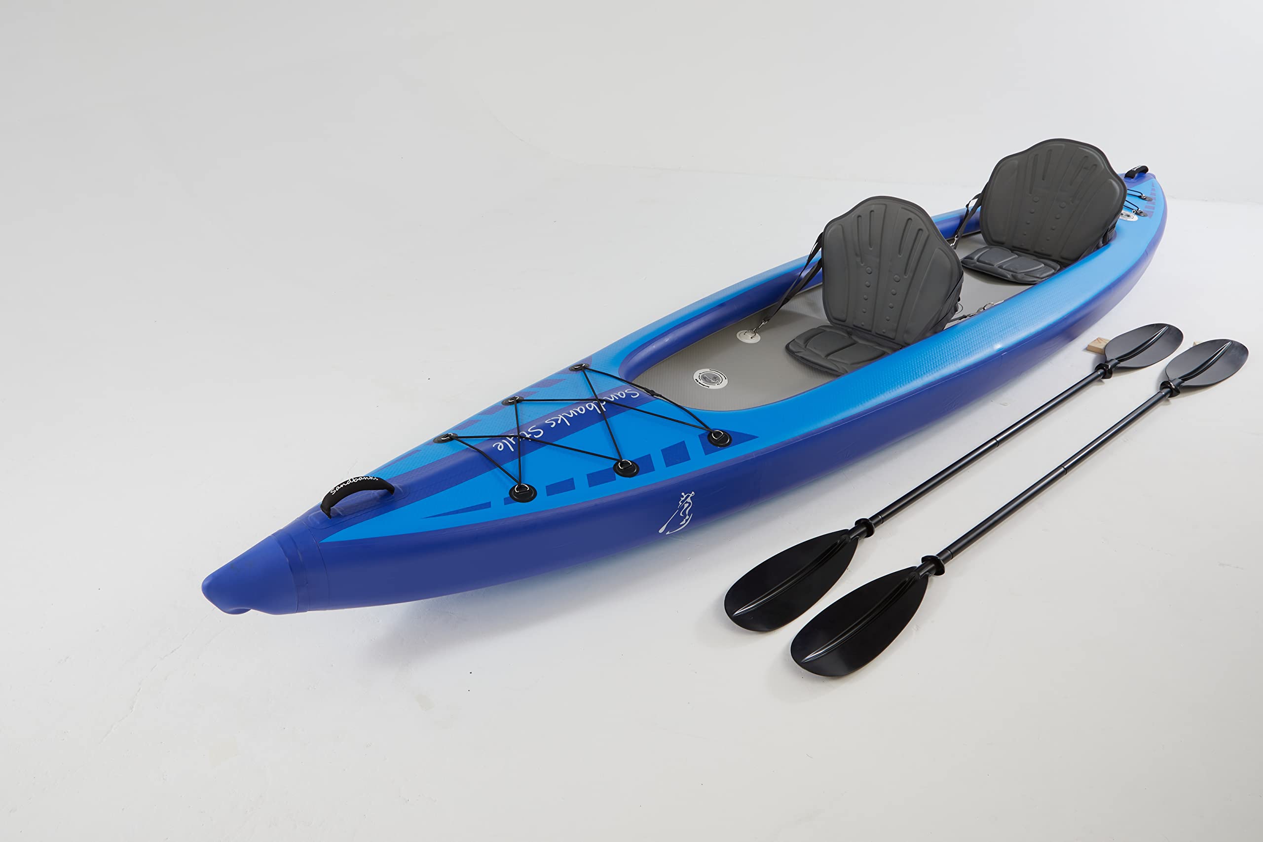 Sandbanks Style Optimal Double Full Dropstitch Inflatable Kayak 1 person High Pressure Leisure Canoe Stable V-shape Hull Includes wheeled bag, Aluminium Paddle, Double Action Pump, Kayak Seat