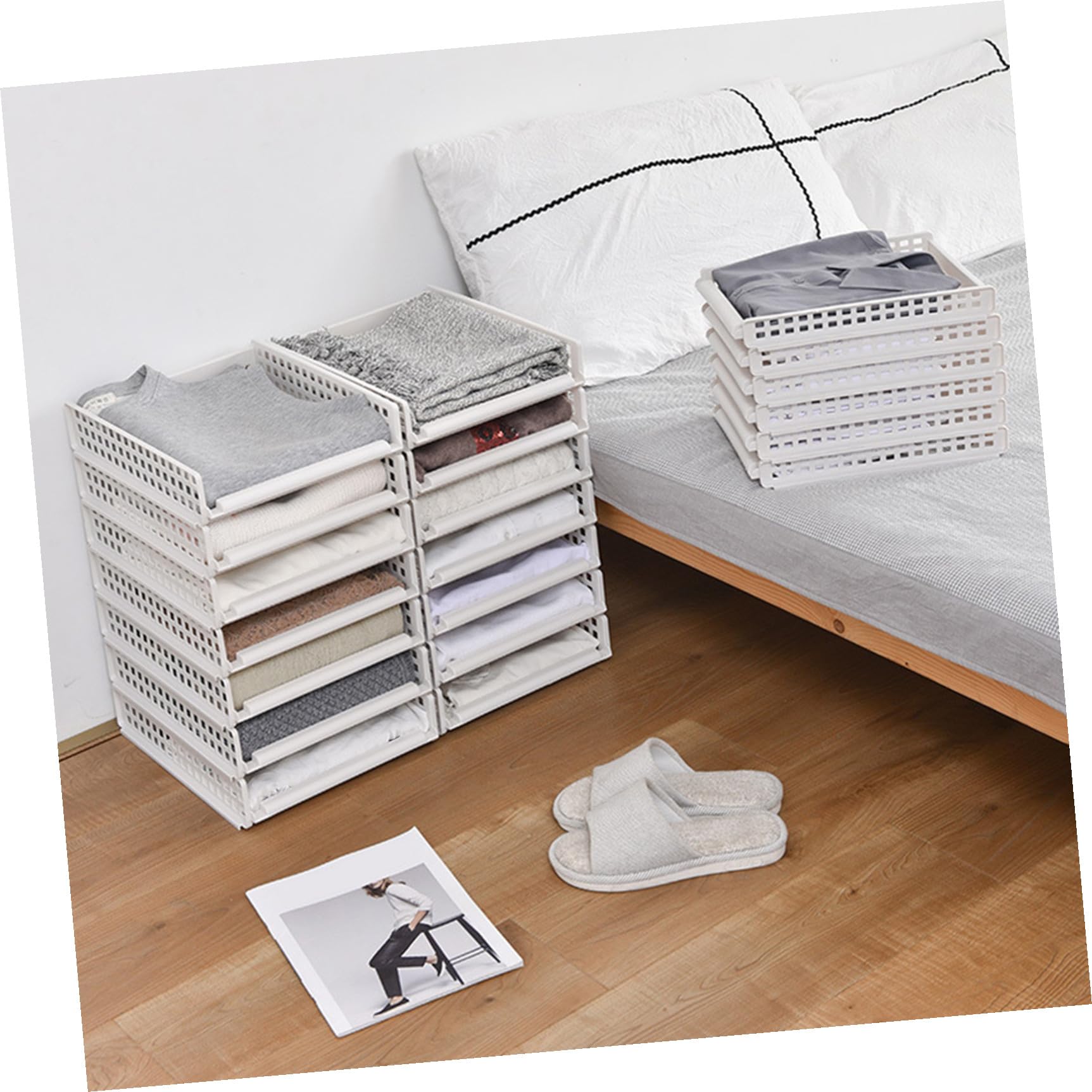 Faltbares Kleiderfaltbrett Maße 34,7x28,5x7cm Weiß 3 Stück aus PP Stapelbar und Atmungsaktiv für Kleiderschrank und Schubladen