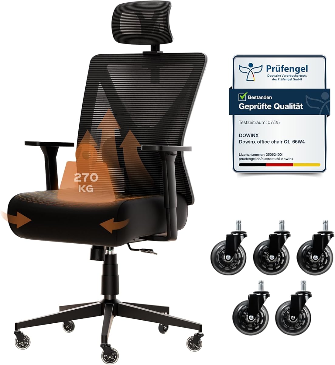 Dowinx Bürostuhl 270 kg, Ergonomischer Schreibtischstuhl mit Dicker Sitzpolsterung,Verstellbarer Lendenstütze, Höhenverstellbarer Rückenlehne, 3D-Armlehnen, Metall-Fuß, Schwarz